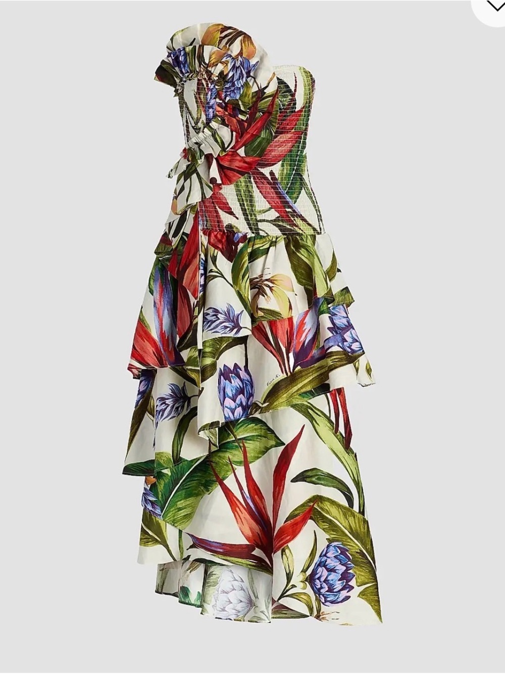 Farm Rio Tropical Floral Print Strapless Tiered Skirt Midi Dress S